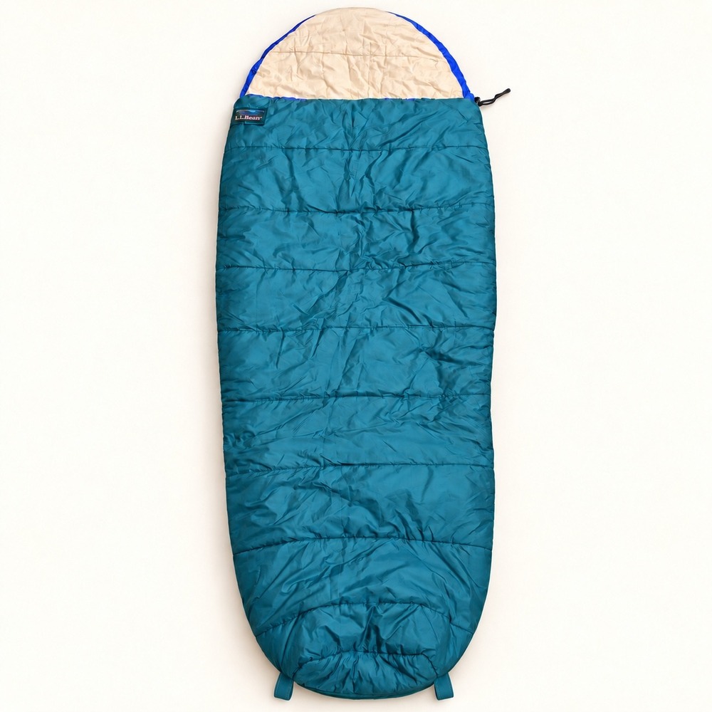 LL Bean Vintage Mummy Sleeping Bag Teal, Tan, Blue Down Filled